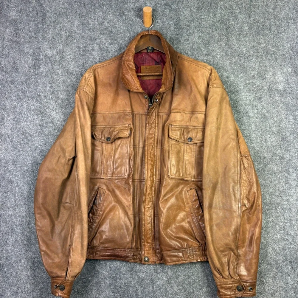 Levi Strauss Leather Jacket Mens XL Brown Bomber Air Force Lining Vintage